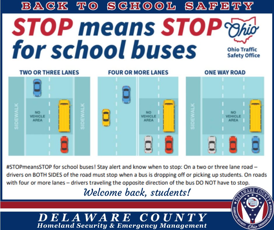 DelCoEMA's tweet photo. Good morning, Delaware County! Remember that many of our county school districts start back this week. Please leave extra time, have patience, and be aware of buses and children while driving. #clickthepic for a reminder of when to stop for a school bus. Welcome back, students! https://t.co/5UIWuIh1B6