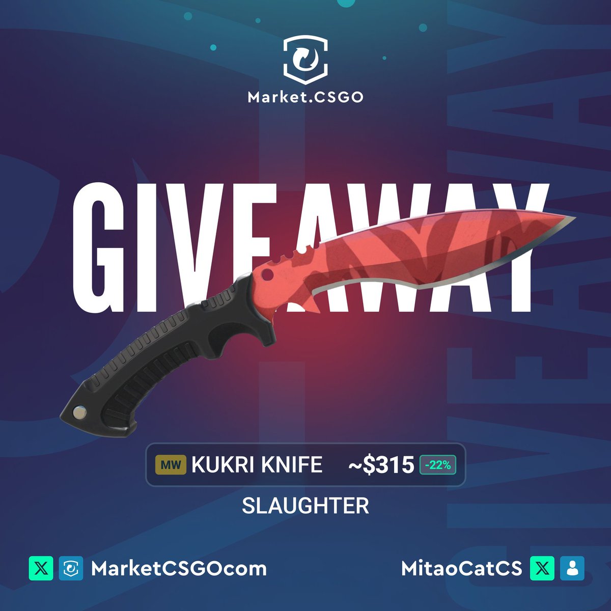 MitaoCatCS (@mitaocatcs) on Twitter photo 🎁Kukri Knife | Slaughter MW Giveaway🎁
How to Enter:
Follow
1⃣<a href="/MarketCSGOcom/">Market.CSGO</a>+<a href="/MitaoCatCS/">MitaoCatCS</a>
2⃣Like and Retweet this post
3⃣Tag at least one of your teammate under the comment section
💥Winner will be announced on August 22nd
⏰Don't miss your shot at this epic skin! Good luck! 🎁Kukri Knife | Slaughter MW Giveaway🎁
How to Enter:
Follow
1⃣<a href="/MarketCSGOcom/">Market.CSGO</a>+<a href="/MitaoCatCS/">MitaoCatCS</a>
2⃣Like and Retweet this post
3⃣Tag at least one of your teammate under the comment section
💥Winner will be announced on August 22nd
⏰Don't miss your shot at this epic skin! Good luck!