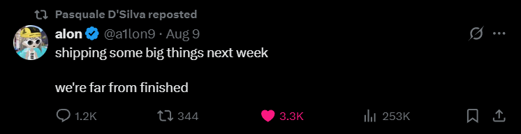 Screenshot of Alon's tweet reposted by Pasquale about upcoming big things