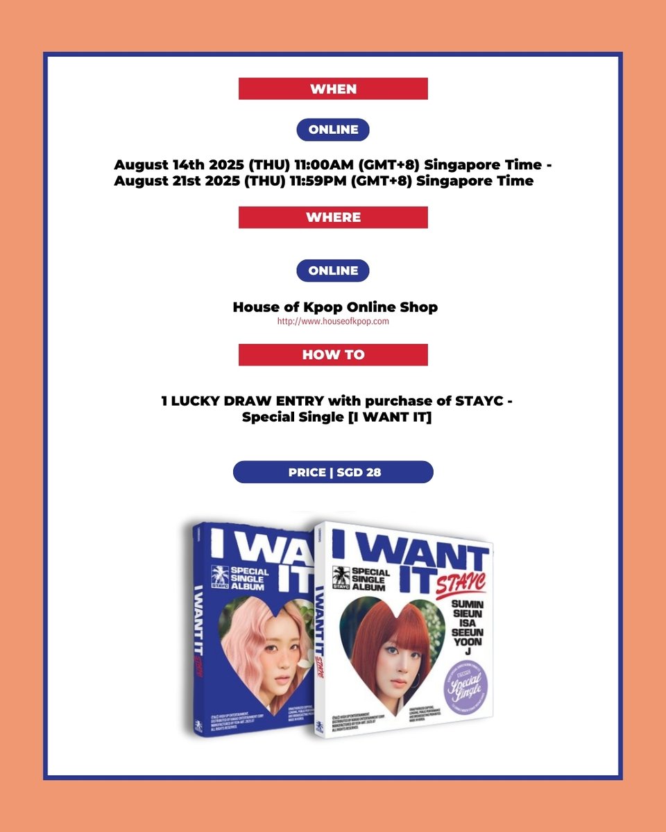 houseofkpopco's tweet photo. ❤I WANT IT Lucky Draw (Online)💙

Buy 1 STAYC - Special Single [I WANT IT] on https://t.co/gb5NDzDyIN & receive 1 out of 12 Lucky Draw Photocards!

🎁 Signed Photocards up for grabs!
🗓 Aug 14 - 21
🛍https://t.co/gb5NDzDyIN
#STAYC #IWANTIT #LD #HOK