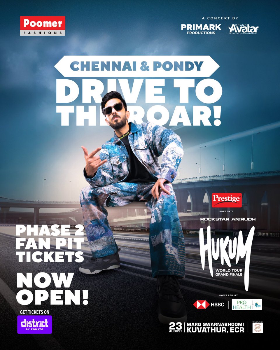 PrimarkProd's tweet photo. Roads ready. Beats ready. Are YOU ready?

Phase 2 Fan Pit tickets are OPEN & ON FIRE! 🔥 Get face-to-face with Rockstar Anirudh as the HUKUM ROAR shakes ECR!
 Date: Aug 23 | Venue: Marg Swarnabhoomi
Get your tickets – https://t.co/8JRZJ0dHm6

@anirudhofficial @poomerfashions @BrandAvatar @lingasamy21 @Hem_chandran @TTKPRESTIGELTD @HSBC_IN @HospitalsApollo @district_india
 
#ArangamAdhirattum #Chennai #DistrictByZomato #LifeInYourDistrict
