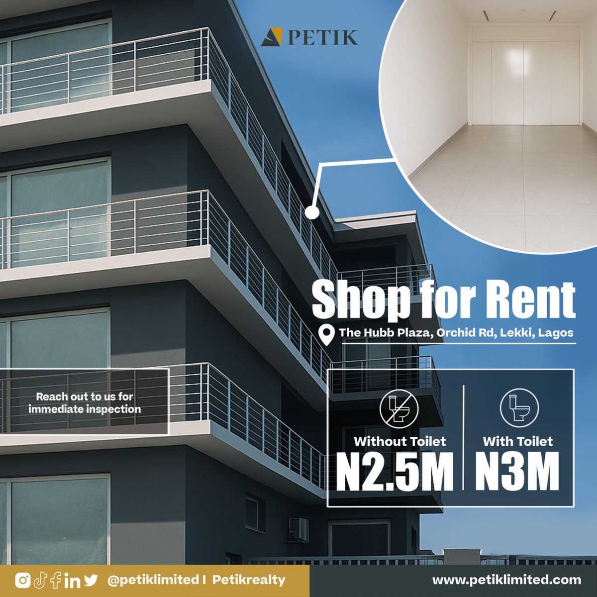 petiklimited's tweet photo. OFFICE SPACE FOR RENT

Price:

With Toilet: 3m

Without Toilet: 2.5m

A: 10%
C: 10%
L: 10%

The Plaza Features:
- 24 hours security
- CCTV cameras
- 24 hours water supply

Neighbourhood
- Royal pine estate
- Imperial oak estate
- Lekki conservation centre https://t.co/09AlUFjM1k