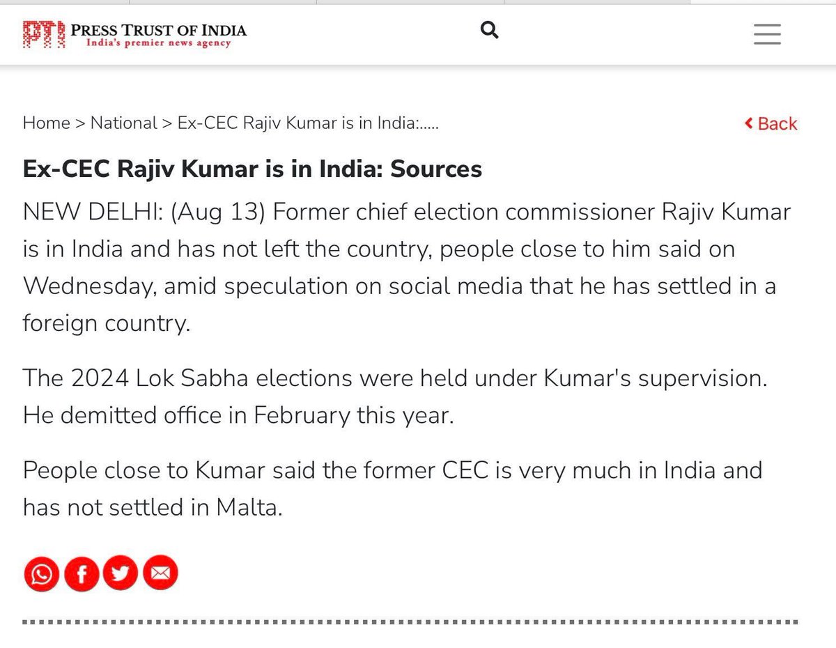 WriteToSamar's tweet photo. Ex CEC Rajiv Kumar, accused of colluding with BJP in his tenure, is rumoured to have fled India for #Malta!
#GodiMedia is citing “sources” to say he is “still” in India but there are no authentic reports on that! Does one need a worse indictment of #ElectionCommission? #KenChuA https://t.co/nm0MDtwTQI
