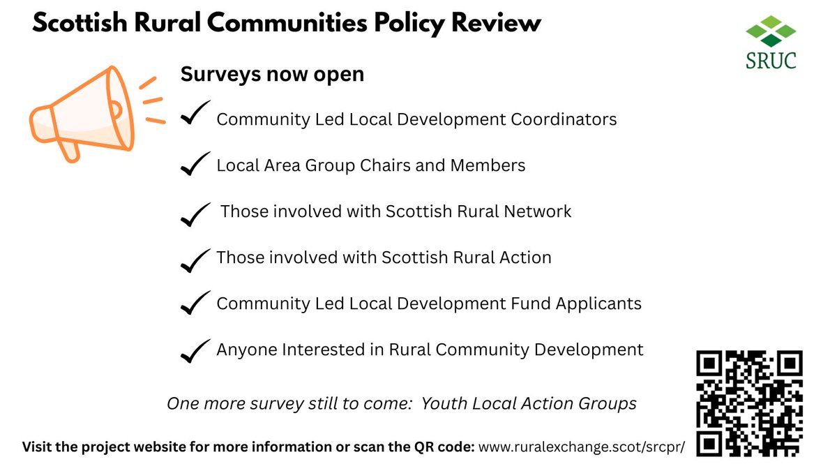 RuralPolicySRUC's tweet image. Are you involved in Community-Led Local Development (CLLD), LAGs, Scottish Rural Network or Scottish Rural Action? A friendly reminder that there are multiple surveys currently open (until the end of August). Scan the QR code or the link in the comments below to get involved!