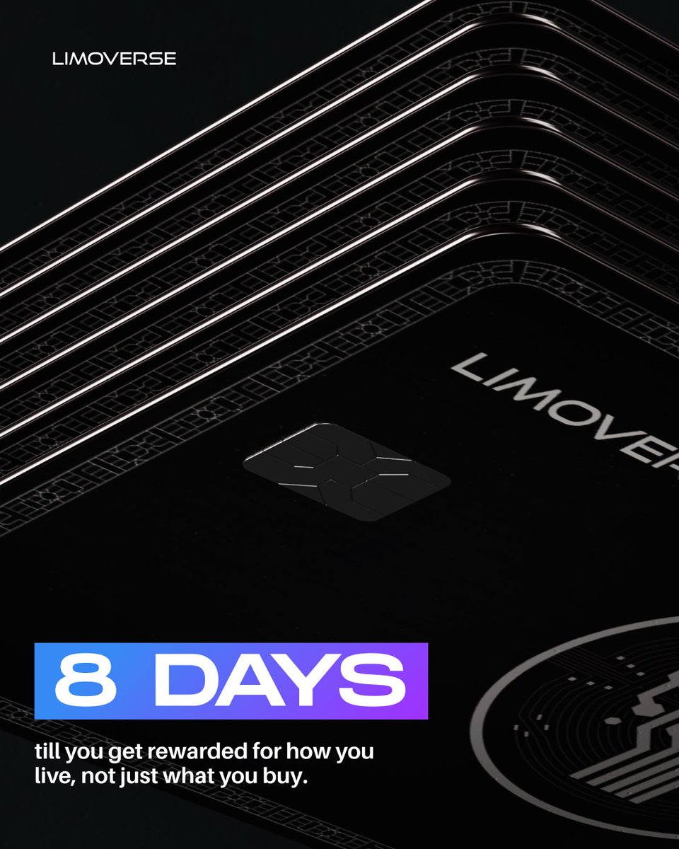 limoverseglobal's tweet photo. 8 days to go till your habits will start earning you! 🚨

Healthy meals. Grocery hauls. Coffee runs. Travel bookings and a lot more.

A card on-chain that rewards how you live is coming.

The future of spending is almost here… and you’ll want in from day one! 🚀

Stay tuned. https://t.co/TGmMJXrcwy