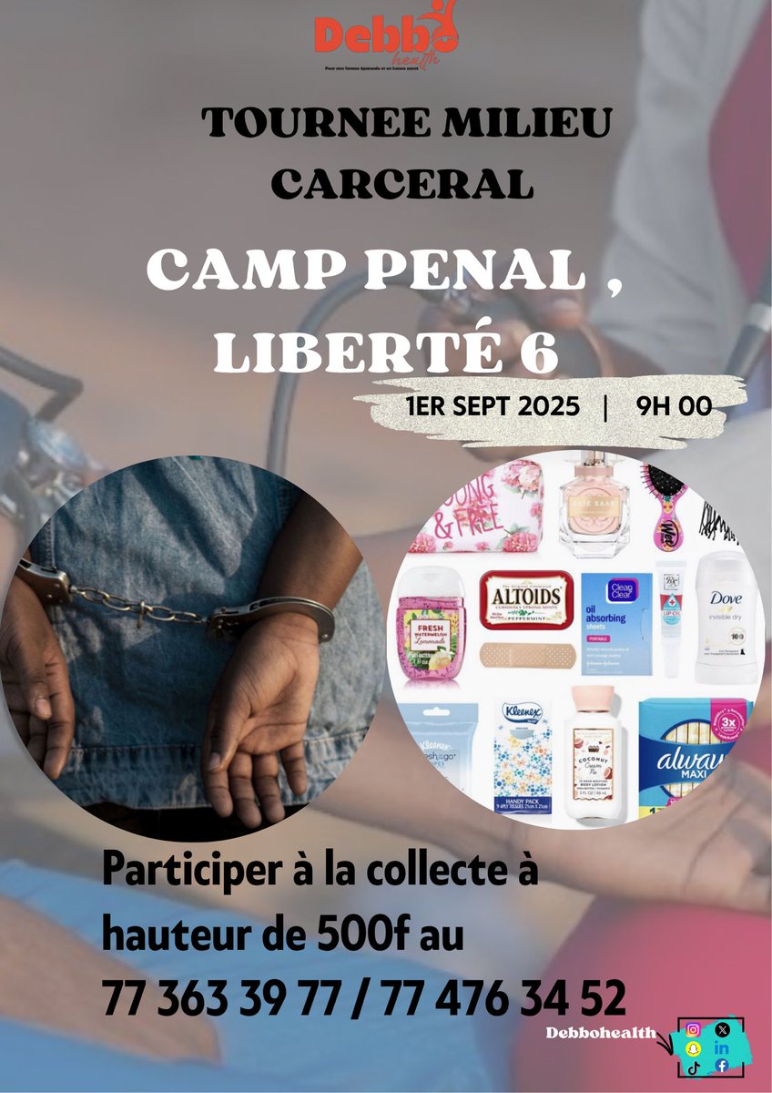 TOP C’EST PARTITournée  en milieu carcéral avec Debbo Health à partir du mois de Septembre.Une tournée qui permettra aux détenues de bénéficier des consultations et des dépistages mais aussi des dons de médicaments et de kit Hygiene.Merci de RT et de taguer les bonnes volontés🤲🏾