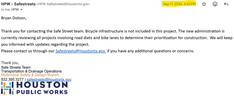 BryanDotson13's tweet photo. #dunvale @HouPublicWorks removed bike lanes from the project a year ago. I expected a modified design to reduce the cost and casualties suffered by motorists, such as the treatment proposed (later canceled) for Bingle. But now, radio silence on applying the $500k of funds. https://t.co/LZzLMsDx7J