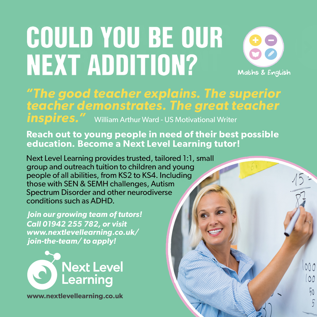 #HiringNow. We're always #recruitingfor #maths &amp; #EnglishLanguage #tutors to help us #teach &amp; reach a wide range of #Students from KS2-4, across the #NorthWest. Including those with #SEND, <a href="/Autism/">National Autistic Society</a> &amp; #ADHD. Call 01942 255 782 or visit nextlevellearning.co.uk/join-the-team/ #Tutor #Recruiting