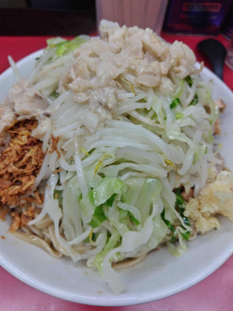 並びちょこっとでうれしい🥳🎶
＃ラーメン二郎中山駅前店 さんへ

☆ラーメン＋つけ味冷や汁なし

ドキドキ初訪問😆💓
丼が大きめで混ぜやすい😍
モニぷり太麺とシャキッと野菜が、
キレキレスープとまろやか脂で破壊的おいしさ🤤
でっかい豚はホロやわ🥰
ラーメンも食べたーい🥹

ごちそうさまでした