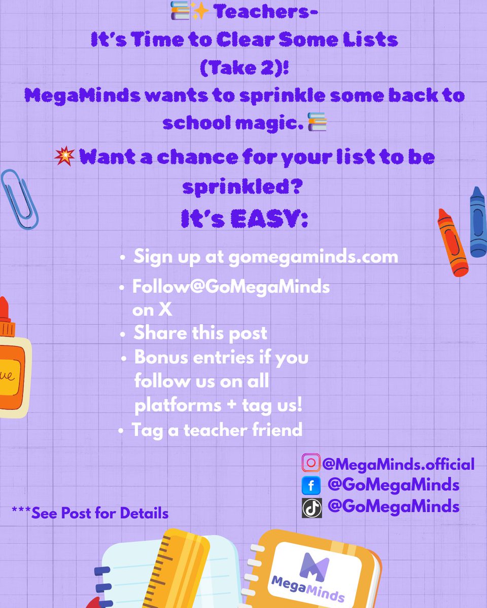 Teachers- it's time for another sprinkle! MegaMinds is randomly sprinkling teacher wishlists.  Supporting educators means brighter futures for every student. 
⭐Follow the steps in the picture to enter.  We ❤️ our teachers. 
#ClearTheList #clearthelist2025 #BetterTogether