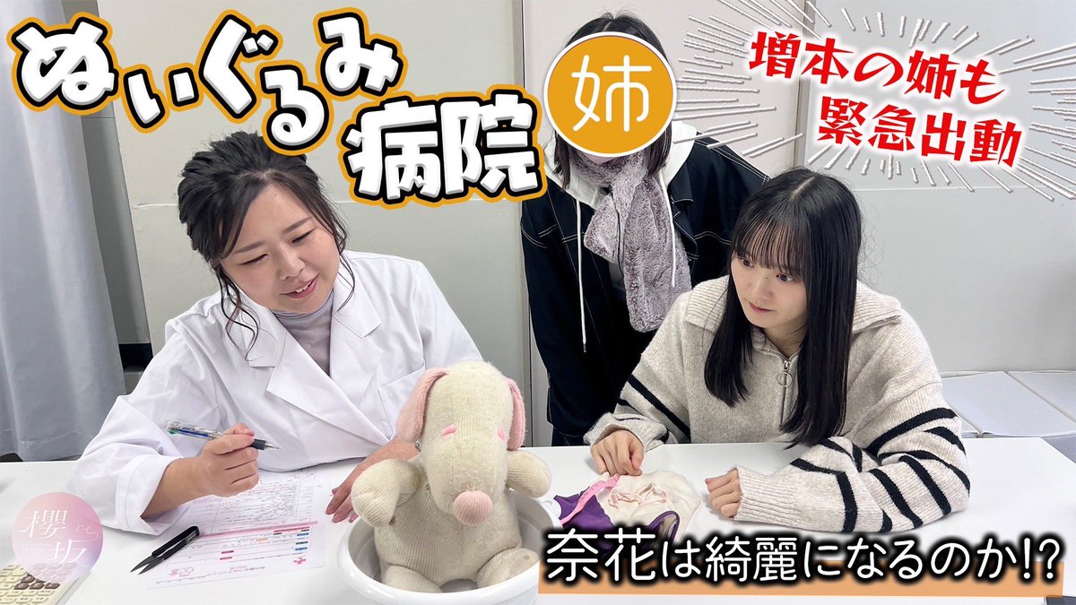 sakurazaka46's tweet photo. 「#櫻坂チャンネル」にて「【ぬいぐるみ病院】増本姉妹の大事な相棒「奈花」が入院！？無事に退院できるのか！」を公開いたしました🏥🧑🏻‍⚕️

増本姉妹の大事な歴戦の相棒😭
ぬいぐるみの「奈花」が治療のため入院🧸

ぜひご覧ください🌸

https://t.co/o0gEsT54jp

#櫻坂46
#増本綺良 https://t.co/gIjROx1f6w