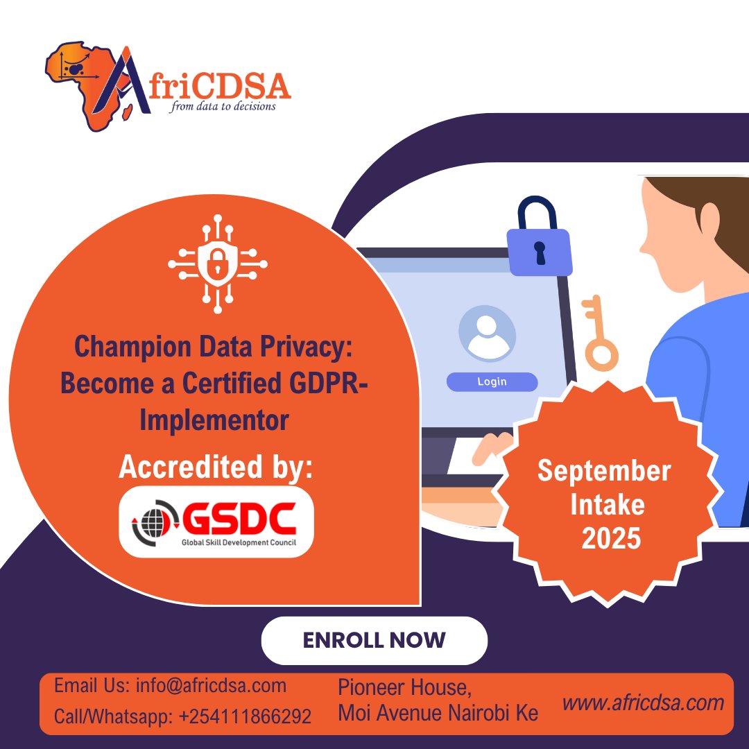 afri_cdsa's tweet image. Protect data. Build trust.
Join AfriCDSA’s September 2025 Intake and become a Certified GDPR Implementor – accredited by GSDC.
Your journey to championing data privacy starts now!
#DataPrivacy #GDPR #AfriCDSA #GSDC #CyberSecurity #DataProtection #Training