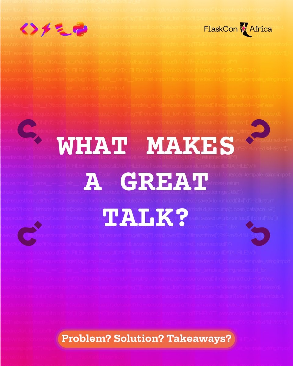 FlaskconAfrica's tweet image. What makes a great conference talk?  
1. A clear problem. 
2. A demonstrated solution. 
3. Key takeaways for the audience.

Think about these as you write your CFP submission!
#flask #Flaskcon #FlaskConAfrica @FlaskCon