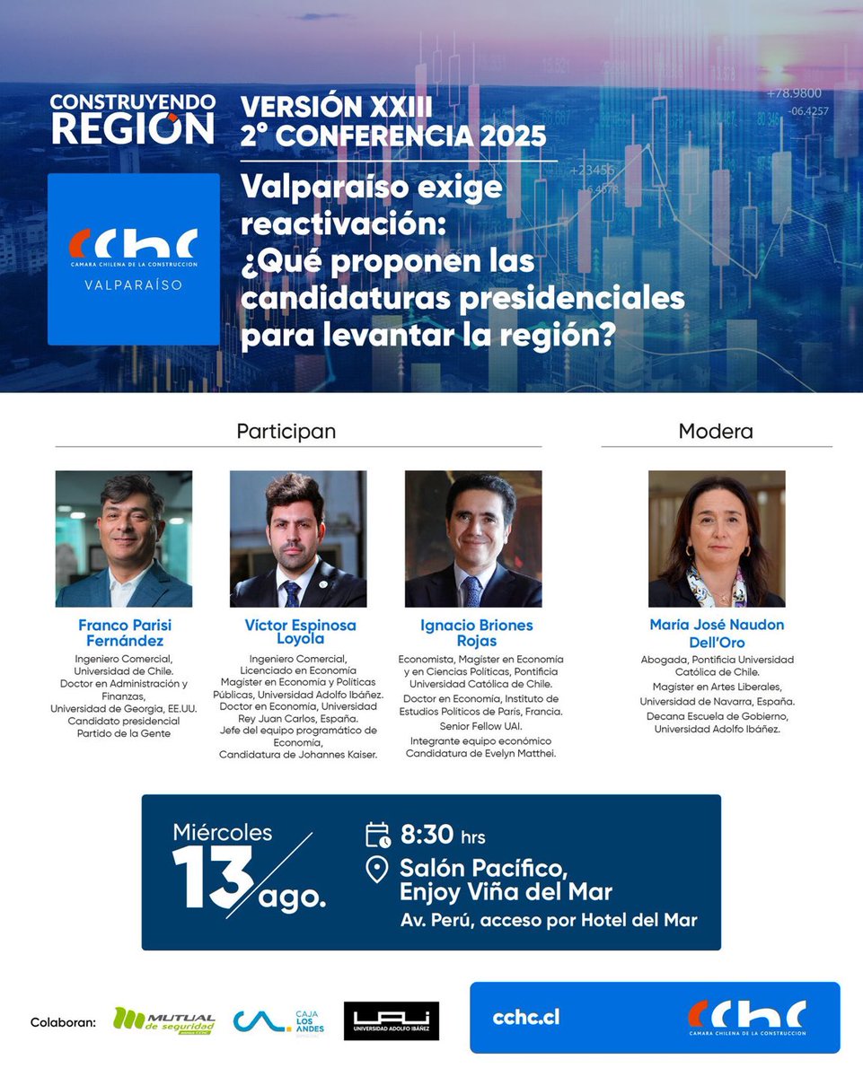 UAI - Viña del Mar (@uai_vina) on Twitter photo HOY 🔴
Una conversación con las candidaturas presidenciales sobre las propuestas de reactivación de la región Valparaíso <a href="/ignaciobriones_/">Ignacio Briones</a> <a href="/ParisiPDG/">Franco Parisi Fernandez</a> <a href="/evelynmatthei/">Evelyn Matthei</a> <a href="/Jou_Kaiser/">Johannes Kaiser. Diputado por el distrito 10</a>
Modera: <a href="/MJNaudon/">María José Naudon</a> decana <a href="/GobiernoUAI/">Gobierno UAI</a>
Organizan: <a href="/CChCValparaiso/">CChC Valparaíso</a> <a href="/mutualcchc/">Mutual de Seguridad</a> <a href="/CajaLosAndes/">Caja Los Andes</a> <a href="/UAI_CL/">UAI</a> HOY 🔴
Una conversación con las candidaturas presidenciales sobre las propuestas de reactivación de la región Valparaíso <a href="/ignaciobriones_/">Ignacio Briones</a> <a href="/ParisiPDG/">Franco Parisi Fernandez</a> <a href="/evelynmatthei/">Evelyn Matthei</a> <a href="/Jou_Kaiser/">Johannes Kaiser. Diputado por el distrito 10</a>
Modera: <a href="/MJNaudon/">María José Naudon</a> decana <a href="/GobiernoUAI/">Gobierno UAI</a>
Organizan: <a href="/CChCValparaiso/">CChC Valparaíso</a> <a href="/mutualcchc/">Mutual de Seguridad</a> <a href="/CajaLosAndes/">Caja Los Andes</a> <a href="/UAI_CL/">UAI</a>