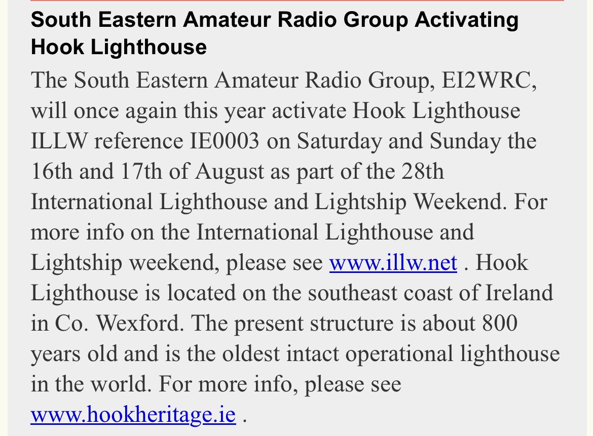 seargnews's tweet photo. SEARG Radio Group #EI2WRC Will Once Again This Year Activate Hook #Lighthouse ILLW Ref: #IE003 Sat/Sunday 16/17th August As Part Of The #Lightship Weekend 
For More Info See 
https://t.co/HKJYaJJaeD

https://t.co/4LVCst2Neo

#Hamradio #Amateurradio #Wexford #SWL https://t.co/vCFpx9pR98