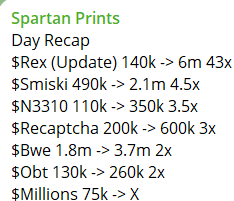 Cooking again in my telegram!

$Rex 140k -&gt; 6m 43x
$Smiski 490k -&gt; 2.1m 4.5x
$Ν3310 110k -&gt; 350k 3.5x
$Recaptcha 200k -&gt; 600k 3x
$Bwe 1.8m -&gt; 3.7m 2x
$Obt 130k -&gt; 260k 2x

This week gonna be huge!
Already a 40x+

t.me/SpartanPrints