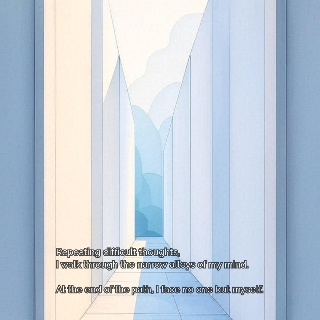 Repeating difficult thoughts, I walk through the narrow alleys of my mind.

At the end of the path, I face no one but myself.

Like untangling a knotted thread, understanding myself is slow but deep.

Today again, I reflect and see myself a little clearer.

#SelfReflection