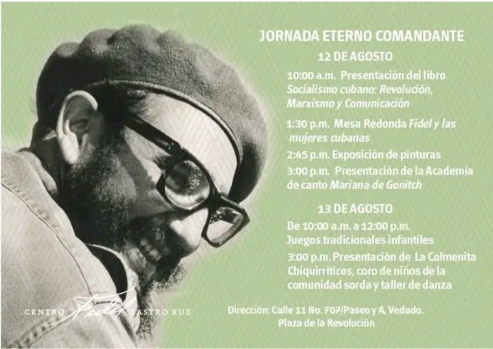 #FidelViveEntreNosotros |#100AñosConFidel 
 ¡#Cuba🇨🇺 vive el legado de Fidel! 
En todo el país se realizan diferentes actividades conmemorativas por el #99Aniversario del Comandante en Jefe,✨
 El Centro Fidel Castro Ruz te acerca a experiencias únicas.💫
<a href="/centrofidel/">Centro Fidel Castro Ruz</a>