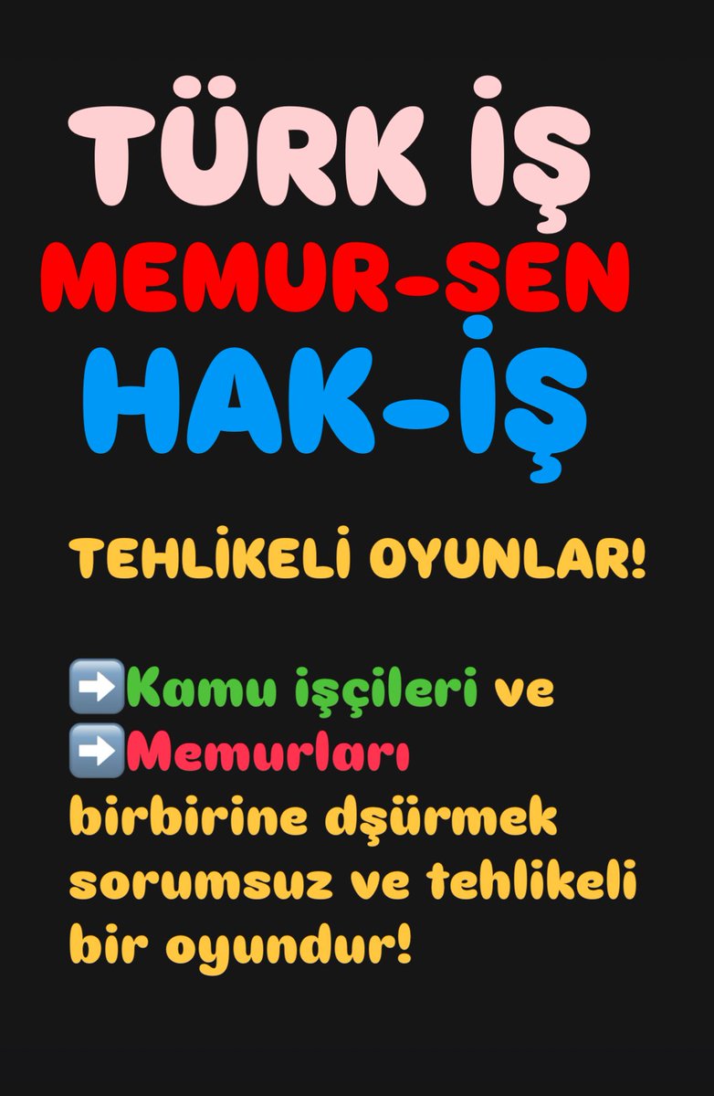 🔴 TEHLİKELİ OYUNLAR!

‼️ Kamu işçileri ile memurları birbirine düşürmek sorumsuz ve tehlikeli bir oyundur!

⁉️ Sosyal medyada ve basında bazı kişiler ve hatta bazı sendikacılar kamu işçileri ile memurların ücretlerini karşılaştırarak yarıştırıyor.

⁉️ Kamu işçileri ile memurları