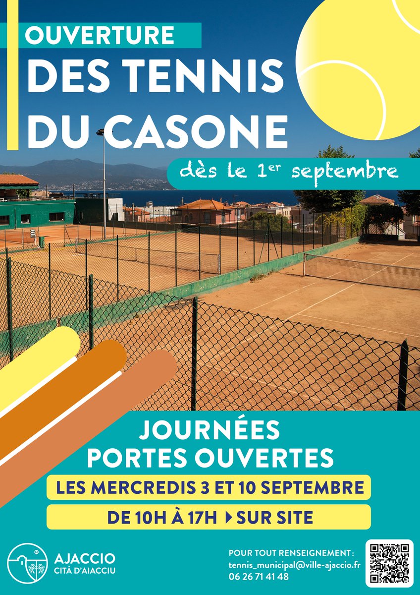 #Ajaccio 
🎾 Désormais ouverts tous les jours, les courts seront gérés en régie municipale, offrant un cadre rénové et un encadrement de qualité à tous les passionnés de tennis. 

👉🏻 La Ville d’Ajaccio mobilise un budget de près de 800.000 € pour remettre en état, dès le mois