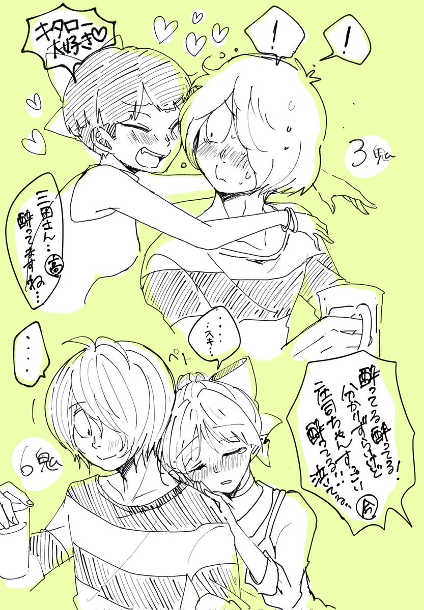 酔っ払い猫娘ネタは何度でも美味しい…
それに対する脳筋３鬼６鬼の反応的なキタネコ

次は鬼側が酔っ払いの描く…雑だけど…