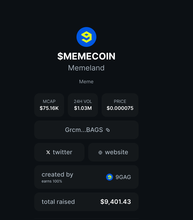 BagsApp에서 9GAG가 만든 것으로 가장한 스푸핑된 $MEMECOIN 스크린샷