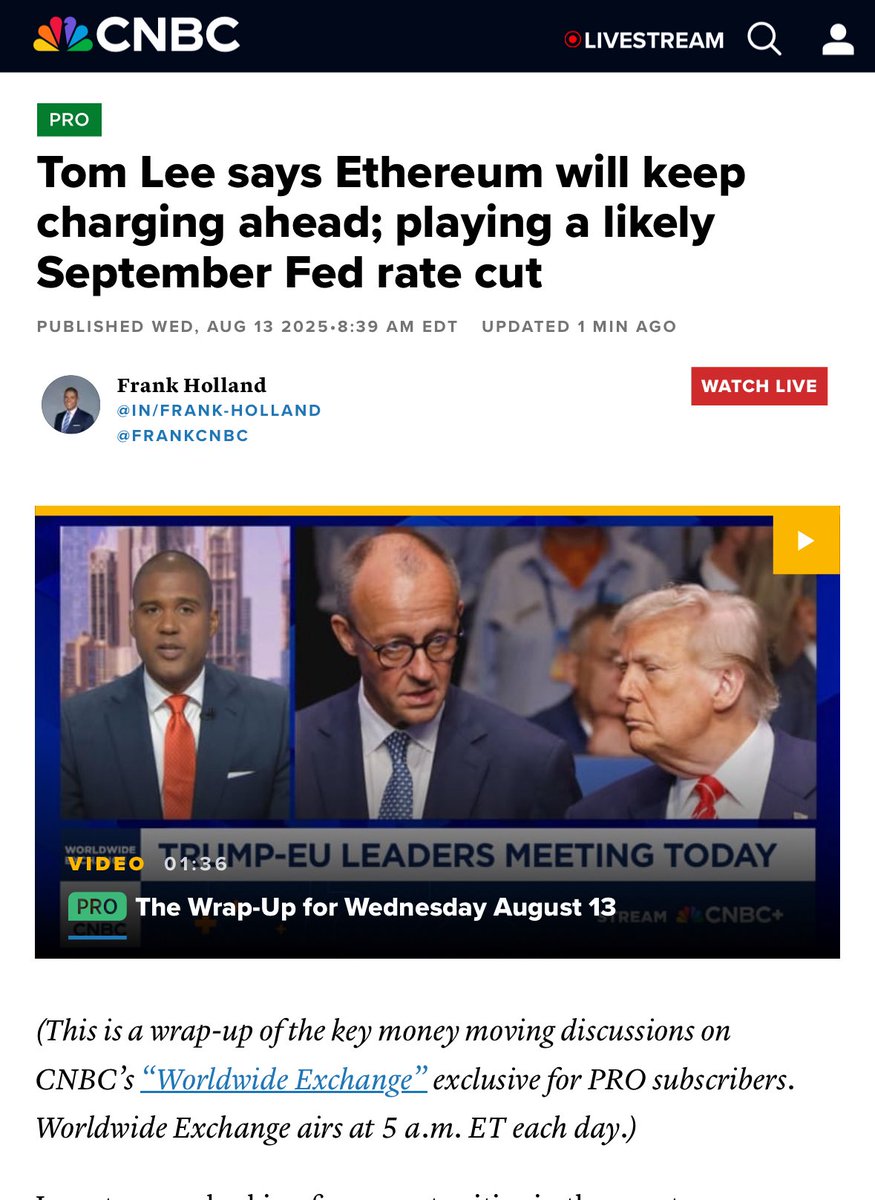 ETH remains one of the biggest macro trades over next 10-15 years - and is  MVP August 2025 $ETH +25% - along with small-caps $IWM +5% Great speaking  with @FrankCNBC on @CNBCWEX tickers: $BMNR $GRNY