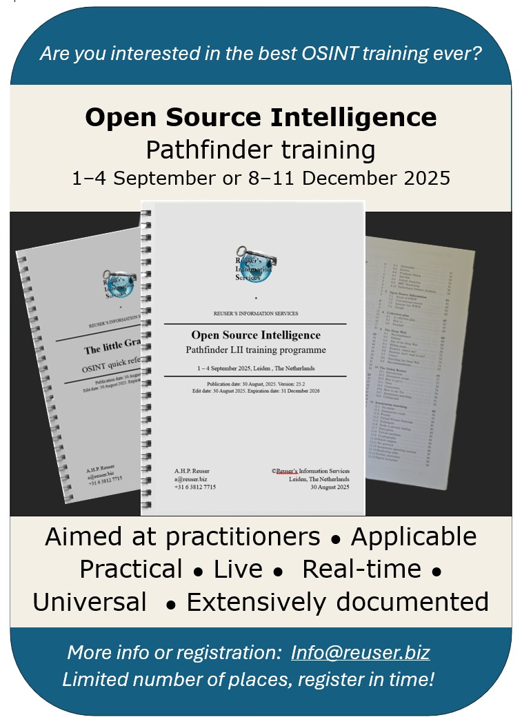 Do not let your chance slip away of learning the secrets of finding validated reliable intelligence on the Net. The OSINT Pathfinder is the worlds longest running open source intelligence training programme.
opensourceintelligence.biz/osint-training…

#OSINT #intelligencetraining