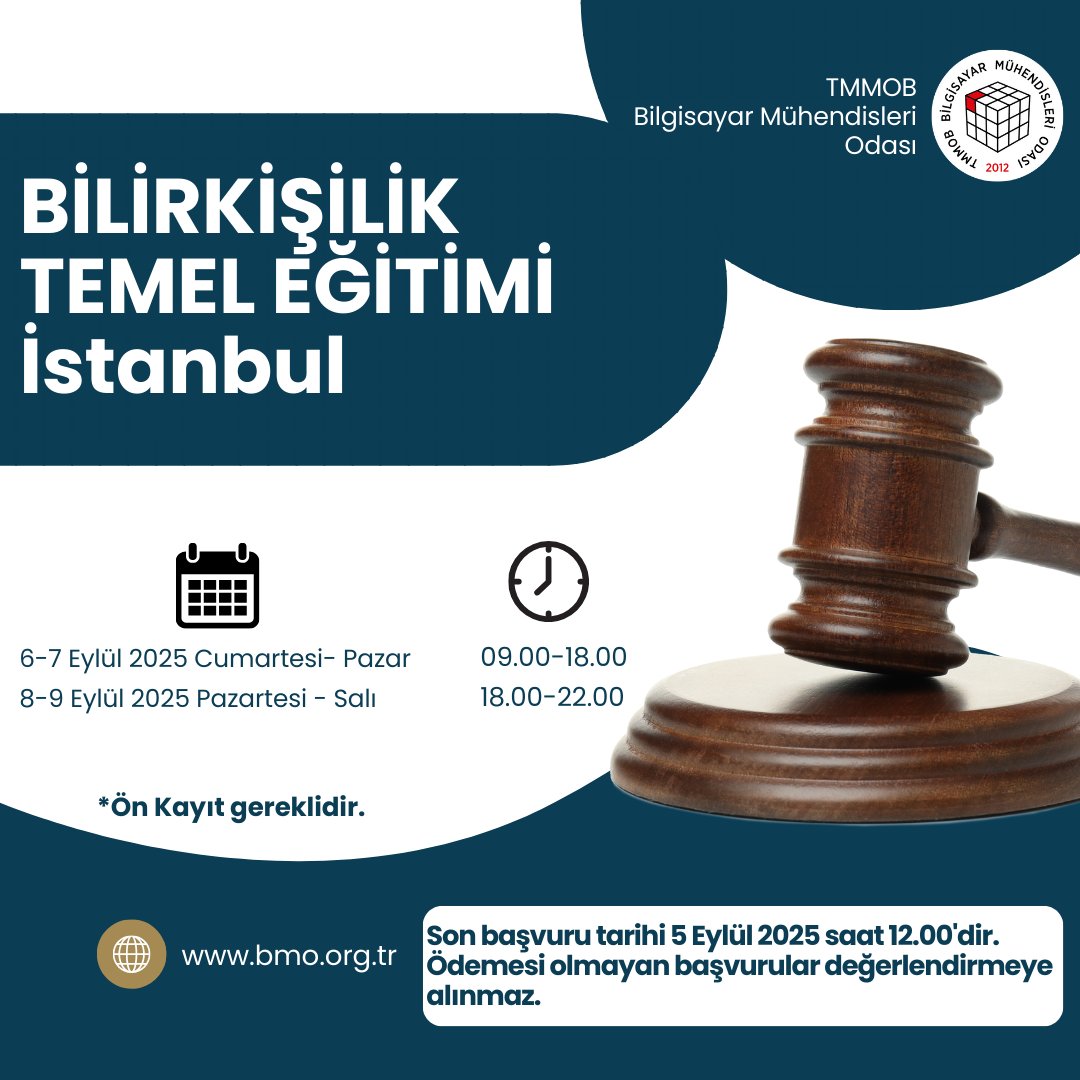 BMO Bilirkişilik  Temel Eğitimi - İstanbul
🗓️6-9 Eylül 2025
🕘6-7 Eylül 2025 (09.00-18.00), 
        8-9 Eylül 2025 (18.00 – 22.00)
Yer: BMO İstanbul İl Temsilciliği
Ayrıntılı bilgi için: l24.im/5r98tT
<a href="/bmo_ist/">BMO İstanbul</a>