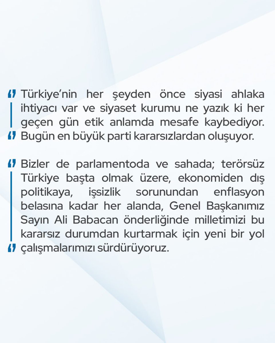 Hasan Karal: "Türkiye’nin en büyük partisi kararsızlardan oluşuyor. Hiç kimse iki kutuptan birine mecbur bırakılmamalı. Yeni bir yol, üçüncü bir çıkış alternatifi şart.

Bizler parlamentoda ve sahada Genel Başkanımız Sayın Ali Babacan önderliğinde milletimizi bu kararsız durumdan