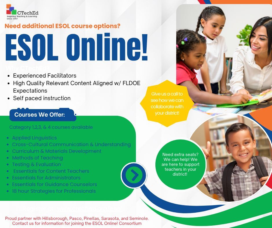 Registration for our Fall ESOL courses is now open! 

Visit us at cteched.org/esol to learn more about our ESOL courses and why CTechEd is a    great fit for you and your professional learning needs!

Register here: cteched.org/esol