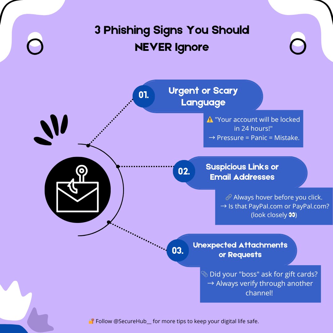 Here are 3 signs you should NEVER ignore, even if the email looks “legit.”

Hackers use fear, fake links, and urgency to trick you. Don’t fall for it.

👉 Share this with someone who checks their inbox too fast.