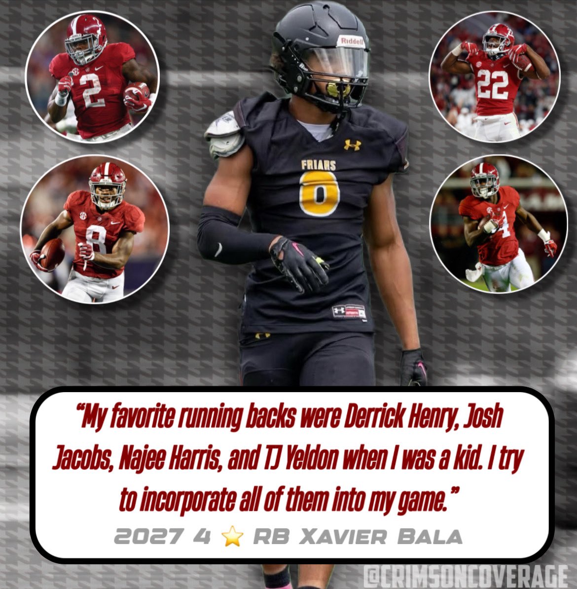 Crimson Coverage (@crimsoncoverage) on Twitter photo 2027 4 ⭐️ RB Xavier Bala (<a href="/XavierBala14/">Xavier Bala</a>) grew up an Alabama fan.
The New York native recently spoke with me about some of his favorite ball carriers from Alabama over the years. 2027 4 ⭐️ RB Xavier Bala (<a href="/XavierBala14/">Xavier Bala</a>) grew up an Alabama fan.
The New York native recently spoke with me about some of his favorite ball carriers from Alabama over the years.
