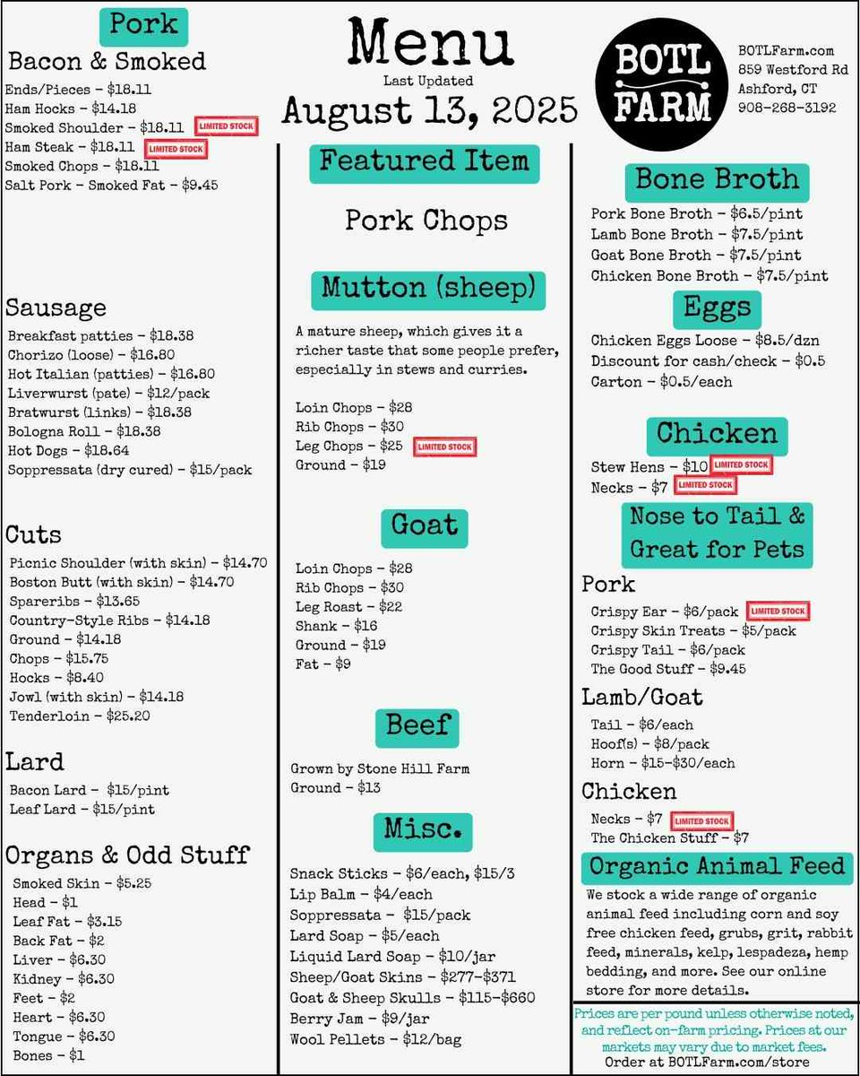 BOTLFarm's tweet image. One of our favorite cuts... Pork chops! We pan sear them with a little bit of salt and eat them on the rare to medium rare side of things.  They're great grilled or baked also. 
-
#cornfree #soyfree  #pastureraised #nongmo #grownconnected #ctgrown #animalwelfareapproved