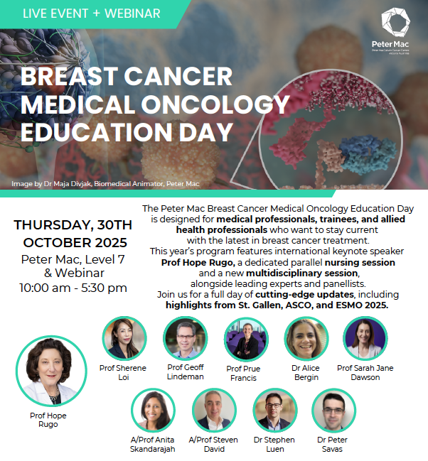 LoiSher's tweet photo. 📌 Just a shout-out that the Peter Mac Breast Cancer Education day is on again @PeterMacCC  THURSDAY 30th OCTOBER 10-5.30pm. With special guest 🤩Prof @hoperugo  from City of Hope CA. This year we will include speakers to give updates on Surgery and Rad Onc with MDM case panels. Hope to see you there on site or on zoom. Thanks to our sponsors. 

REGISTER HERE: https://t.co/NLUtaPIWoi