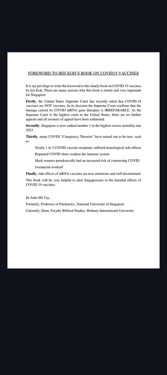 IrisKohHTD's tweet photo. Some time ago, I requested for Dr. John Tay to write the Forward to my book. At that time I knew I was going to write a book about my Covid experience as an accidental activist prior to my arrest. 

Dr. Tay generously agreed and he gave me this forward which you see in The Silent Roar in Feb 2024. 

Dr. Tay is one of the brave and courageous doctors who has been speaking up loudly in various HTD events over the years. There are actually many many doctors in Singapore with concerns about the Covid Vaccines and the way they have been rolled out. I know cos they often share with me privately. Just that the Government is Very powerful here and they don't like disagreements so we only mainly find retired doctors like Dr Tay and Dr Gabriel Oon who speak up continuously openly over the years. 

This is a very very sad reflection of a system that is intolerant to differing views and critical thinking. A system that rewards Yes Men and Women but punish and silence those who dare think differently, including our doctors. 

If the professionals are not allowed to do their jobs by stating their professional opinions safely, without rebute and potential retaliation from authorities, how safe can we the people be from those who hold great power in our lives in policy making? 

This is one of the most important questions we need to think about on the 60th year of Singapore's independence. 

Dr. John Tay, a mentor to many of Singapore's doctors will be remembered by his words, "Science is not meant to be trusted. It is meant to be tested. If you cannot question it, it is not science. It is propaganda." 

Discover all these and more in my book. Link in comment.