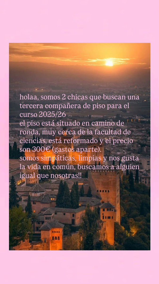 holaa!! mi amiga está buscando una compañera de piso urgente en granada!!! agredecemos mucho difusión y rt para que llegue a la gente🙏🏼 #ugr #granada