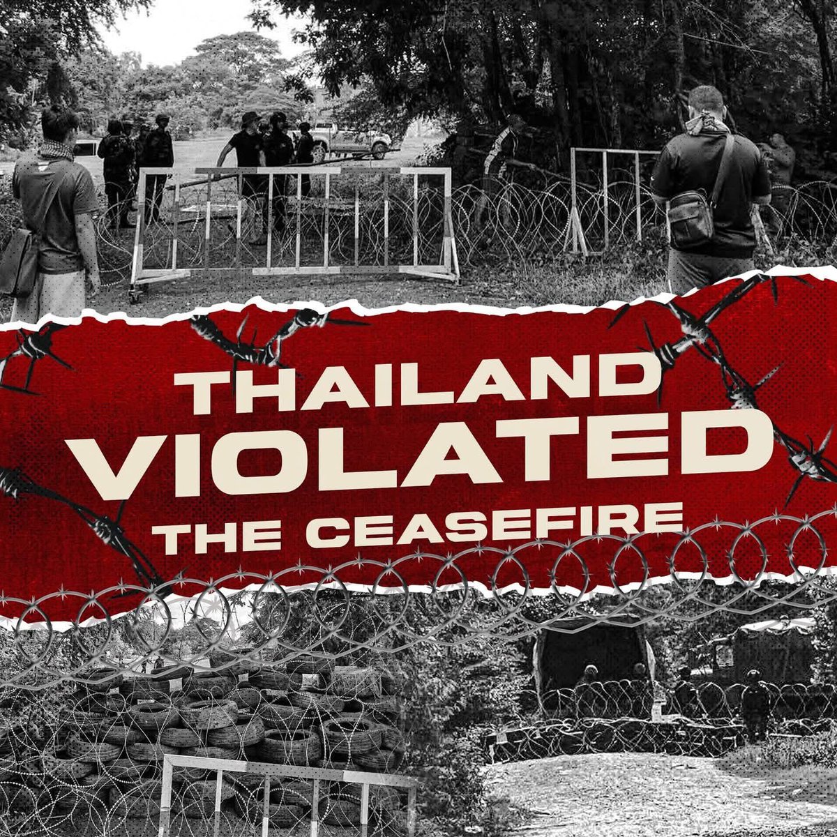 LyKarolyn's tweet photo. Barbed Wire are still being laid inside Cambodia’s territories. These are not rumors there are real photos and live video from the ground. 

#ThailandViolatestheceasefire https://t.co/yo31CgmWNC