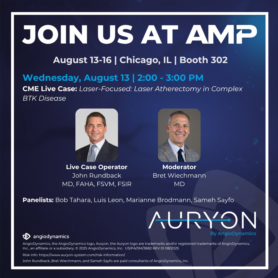 AngioDynamicsCV's tweet image. We’re kicking off #AMP2025 with a live case!

This is a great opportunity to learn how #TheAuryonSystem advances the treatment of peripheral arterial disease.

Visit the #Auryon team at Booth 302. 

▶️ bit.ly/47aRiYV

@AMPSymposium 

Risk Info: bit.ly/3IOQLC2