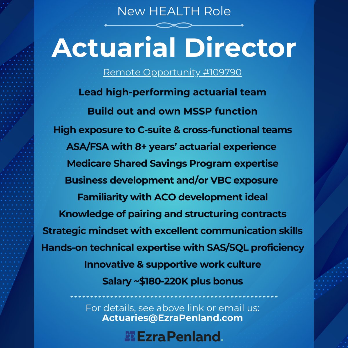 Actuarial Director sought for greenfield MSSP opportunity working with top actuarial leadership to shape strategy, drive innovation, and scale for long-term impact!
jobs.ezrapenland.com/jb/Actuarial-D…

#Actuary #Actuarial #Medicaid #MSSP #ACO #VBC #ASA #FSA #Remote #EzraPenland #109790