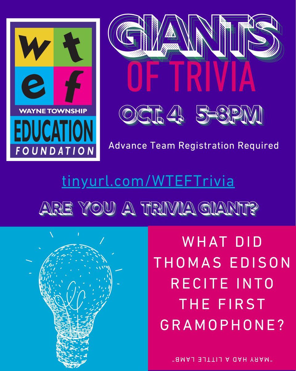 Wayne Township Education Foundation (@waynetwpedfound) on Twitter photo Do you know the answer to the question below? Let's keep training for our Giants of Trivia event set for Saturday, Oct. 4 right here in Wayne Township! Get a team together for this fun event and register soon! buff.ly/j54gnvn #wearewayne <a href="/WayneTwpSuper/">Dr. Jeff Butts</a> <a href="/WayneTwpSchools/">We Are Wayne</a> Do you know the answer to the question below? Let's keep training for our Giants of Trivia event set for Saturday, Oct. 4 right here in Wayne Township! Get a team together for this fun event and register soon! buff.ly/j54gnvn #wearewayne <a href="/WayneTwpSuper/">Dr. Jeff Butts</a> <a href="/WayneTwpSchools/">We Are Wayne</a>
