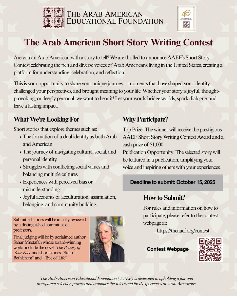 ArabAmericanEF's tweet photo. Find out about our Arab American Short Story Writing Contest at https://t.co/yODAYgXgmX. Deadline October 15 with a cash prize of $1000. #ArabAmerican #Arabamericanheritage https://t.co/8IThw5FUms