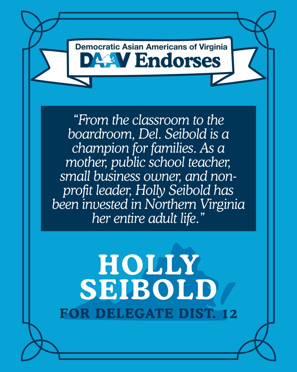Virginia Asian Dems (@daav9) on Twitter photo DAAV is proud to endorse Delegate Holly Seibold for re-election!
Please volunteer for and support <a href="/HollySeiboldVA/">Holly Seibold</a> at hollyseibold.com DAAV is proud to endorse Delegate Holly Seibold for re-election!
Please volunteer for and support <a href="/HollySeiboldVA/">Holly Seibold</a> at hollyseibold.com