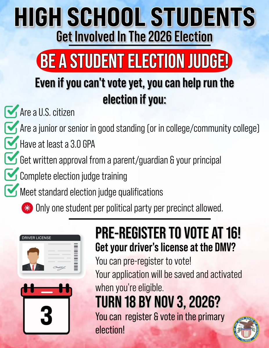illinoissbe's tweet image. ✏️📅 Pop quiz: Who can help run an election before they can vote?
📢 Illinois high school juniors &amp;amp; seniors!
Be a Student Election Judge 🗳
✅ 3.0 GPA
✅ Parent &amp;amp; principal OK
✅ Training complete
Contact your election authority &amp;amp; get involved!
#BackToSchool #HelpAmericaVote