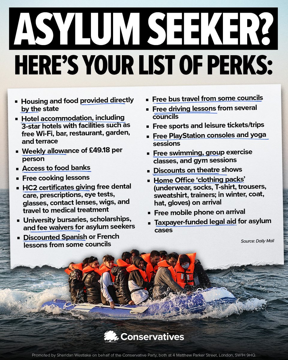 REVEALED: The huge list of freebies and perks channel migrants are entitled to once they land in Britain.

Meanwhile, Rachel Reeves is taxing you for every last penny.

The Conservatives are the only Party with a plan to stop this madness.