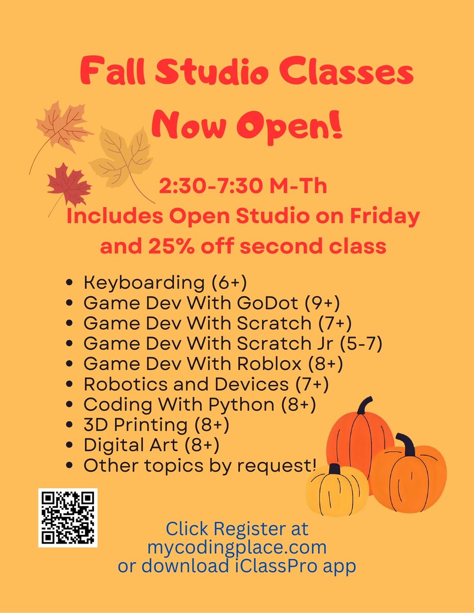 mycodingplace's tweet image. Join Us For Fall Fun In Studio Classes and School Clubs! - mailchi.mp/b48366d3b314/f…