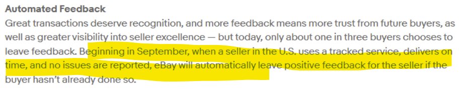 eBay announced that sellers will automatically get positive feedback if there are no complaints after the item is delivered