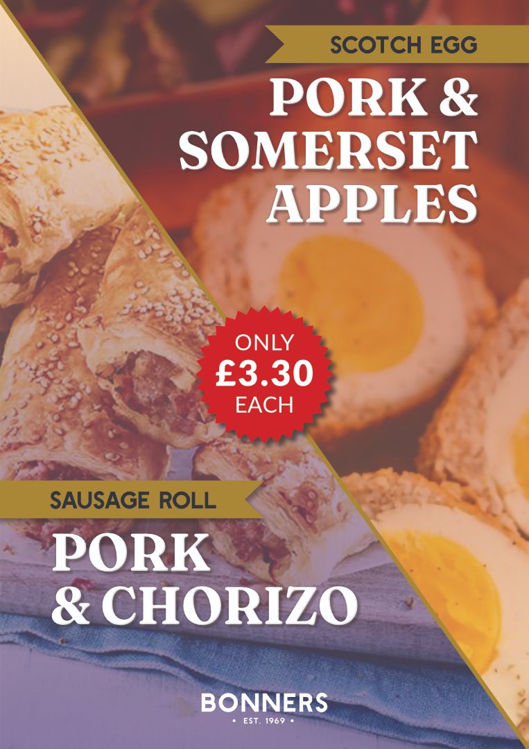 Your lush SAUSAGE ROLL and SCOTCH EGG this week.

SCOTCH EGG - Pork &amp; Somerset Apples - £3.30 each.
SAUSAGE ROLL - Pork &amp; Chorizo - £3.30 each.

#bonnersofilminster #bonnersthebutchers #butchershop #supportlocal #ilminster #shoplocal #sausageroll #scotchegg