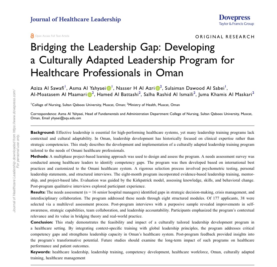 بحمدالله، نُشرت ورقتنا البحثية حول برنامج تطوير القيادات الصحية، المتناسب مع السياق الثقافي في سلطنة عُمان.

lnkd.in/gmvc4Kwy