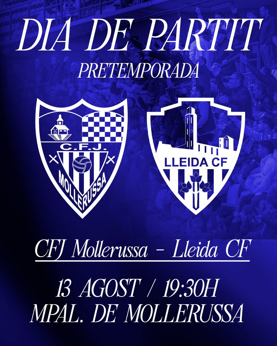 Lleida CF (@lleidacf) on Twitter photo DIA DE PARTIT ⚽ | PARTIT AMISTÓS
Avui disputem el tercer partit de pretemporada 💪🏻💙
🏆 Trofeu Ciutat de Mollerussa
🆚 <a href="/CFJ_Mollerussa/">CFJ Mollerussa</a>
🏟 Municipal de Mollerussa
🗓 Dimecres 13/08
🎟 5€
⌚ 19:30H
#LleidaCF #BinéfarLleida #MésViusQueMai DIA DE PARTIT ⚽ | PARTIT AMISTÓS
Avui disputem el tercer partit de pretemporada 💪🏻💙
🏆 Trofeu Ciutat de Mollerussa
🆚 <a href="/CFJ_Mollerussa/">CFJ Mollerussa</a>
🏟 Municipal de Mollerussa
🗓 Dimecres 13/08
🎟 5€
⌚ 19:30H
#LleidaCF #BinéfarLleida #MésViusQueMai